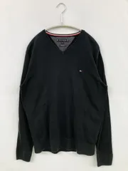TOMMY HILFIGER ニット/セーター M ブラック コットン シルク 無地 ワンポイント ブランドロゴ ミドル丈 長袖 Vネック