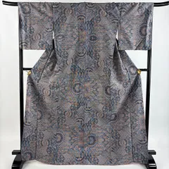【美品】 大島紬 身丈170cm 裄丈69cm L 袷 都喜ヱ門 証紙 花唐草 華文 青灰色 正絹 逸品 【中古】
