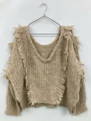 MONO-MART ニット/セーター M ベージュ ウール・ニット ナイロン 無地 フリンジ ショート丈 長袖 Vネック クルーネック(丸首)