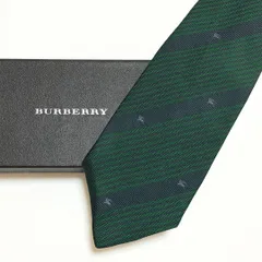 未使用級 バーバリー BURBERRY ネクタイ シルク100% グリーン / ダークネイビー ストライプ柄 エクエストリアンナイト柄 261-820