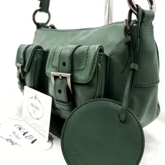 【美品】PRADA プラダ ショルダーバッグ トートバッグ ワンショルダーバッグ マルチポケット三角プレート オールレザー レザー 革 シボ革 グリーン 緑色 ユニセックス 男女兼用 メンズ レディース
