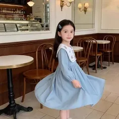 女の子 ワンピース 秋用 刺繍入り フレンチカラー プリンセスドレス キッズ 子供服 中小童　D-566　　bu１