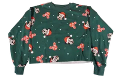ディズニー ミッキーマウス クリスマス クロップド スウェット トレーナー グリーン Lサイズ 総柄 キャンディケイン サンタ帽 古着風