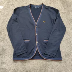 FRED PERRY　フレッドペリー  【サイズ】  M　長袖カーディガン　Vネック　NAVY　ネイビー　月桂樹　メンズ　中古　古着