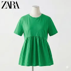 ZARA エメラルドグリーン ギャザーペプラムTシャツ コットン100% L #45-10