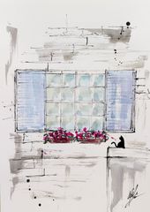 原画#328 黒猫 猫 窓 花 フランス 水彩画 ドローイング インテリア