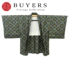 【中古】 羽織 正絹 グリーン ブラック しつけ糸あり 幾何学模様 お洒落 和装 呉服 和服 きもの レディース 女性