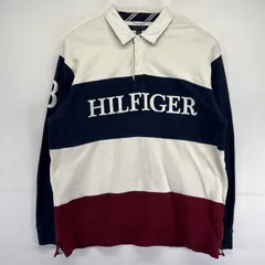 古着 トミーヒルフィガー TOMMY HILFIGER 長袖 ポロシャツ 大きいサイズ ラガーシャツ ビッグロゴ刺繍デザイン 2XL  ホワイト メンズ