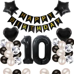 【数量限定】10歳 誕生日 バルーン 風船 飾り付け セット 数字バルーン 10 HAPPY BIRTHDAYガーランド ハート風船 紙吹雪風船 バースデーバルーン 大人 男の子 女の子 ブラック