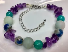 天然石ブレスレット アメジスト ターコイズアマゾナイトK2アズライト16cm新品