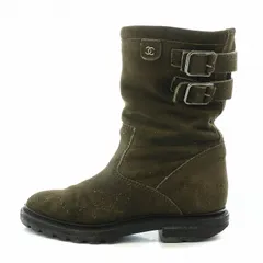 シャネル CHANEL エンジニアブーツ ショートブーツ ヌバック ココマーク スエード ローヒール 35.5 カーキ /BB ■MT ■GY19