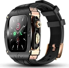 0207 高級メタルケース Apple Watch 9/8/7 45mm・6/SE 44mm バンド一体型 フル保護ケース シリコンストラップ（ブラック×ロ 1414_778