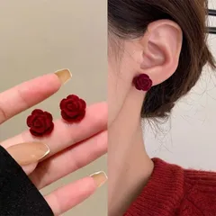 ベルベット レッド 薔薇 ワンポイント 両耳用 ピアス レディース 韓国アクセ プチプラ 上品 エレガント 華やか 大人 きれいめデザイン フォーマル