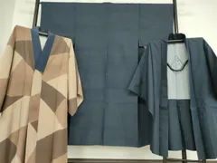 平和屋着物●男性　紬　アンサンブル　長羽織　長襦袢(袷)セット　留紺色　正絹　逸品　DABA4892az