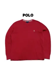 (M) ポロ ラルフローレン ラウンド ワッフル 長袖 Tシャツ レッド