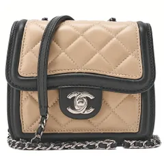 CHANEL  ラムスキン　ミニマトラッセ　シングル　チェーンショルダー　バイカラー　ベージュ×黒　シルバー金具　レディース【中古】【送料無料】