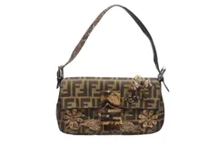 極美品 FENDI フェンディ マンマバケット ワンショルダーバッグ ズッカ柄 ビーズ パイソン フラワー キャンバス ブラウン 中古 4b008388