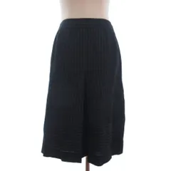 レリアン Leilian 美品 フレアスカート ひざ丈 ストライプ リネン混 ダークネイビー 9