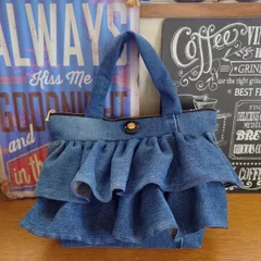 42☆USEDデニムリメイク☆2段フリル☆ファスナートートバッグ☆リメイクデニム☆古着リメイク☆