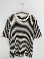 UNIQLO Tシャツ/カットソー M ブラック ボーダー柄 ミドル丈 半袖 クルーネック(丸首)
