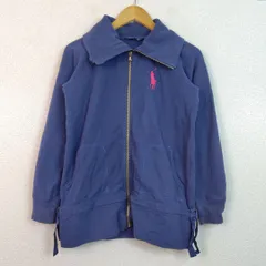 RALPH LAUREN ラルフローレン フルジップ スウェット ハイネック ロゴ刺繍 デカロゴ ネイビー 150サイズ レディース 古着 ストリート アメカジ