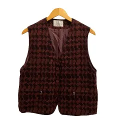 HAUTMONDE ベスト K4593 Vネック ウール混 総柄 裏地 ノースリーブ F 赤 レッド レディース