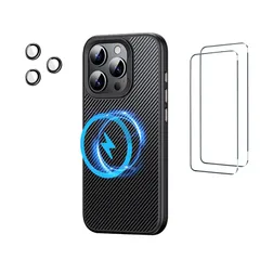 HCXLYP iPhone 14 用 アラミド ケース MagSafe対応 ワイヤレス充電対応 ガラスフィルム付き レンズ保護カバー付き 全面強力な保護 超軽量 カーボン風 米軍MIL規格 耐衝撃 ブラックR2 94