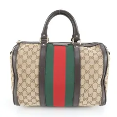 美品 グッチ GG キャンバス シェリー ライン ミニ ボストン 247205 レザー ハンドバッグ トート ブラウン レディース REE DK28-4【中古】