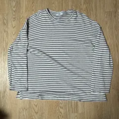 3 ユニセックス グレー ボーダー柄 ルーズ 長袖Tシャツ