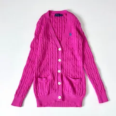 POLO RALPH LAUREN ポロ ラルフローレン カーディガン ケーブルニット コットン 100% 綿 Vネック セーター 長袖 ロゴ ポニー 刺繍 ピンク  差し色 トップス レディース 大きめ S M L  リラックス　カジュアル 体型カバー　美品