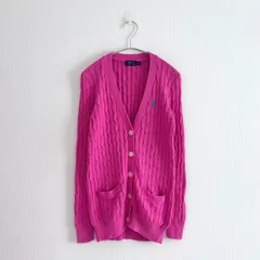 POLO RALPH LAUREN ポロ ラルフローレン カーディガン ケーブルニット コットン 100% 綿 Vネック セーター 長袖 ロゴ ポニー 刺繍 ピンク  差し色 トップス レディース 大きめ S M L  リラックス　カジュアル 体型カバー　美品