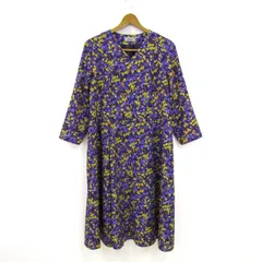 レリアン ロングワンピース トップス 長袖 Vネック 花柄 日本製 大きいサイズ レディース 13+サイズ 紺×黄 Leilian 【中古】
