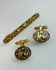 希少 スペイン伝統工芸 24K 象嵌 小鳥と唐草模様 ダマスキナード カフス・ネクタイピン セット