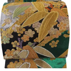 【美品】 袋帯 秀品 振袖向き 竹 梅 金銀糸 箔 緑 六通 正絹 【中古】