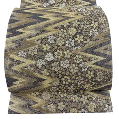 【美品】 袋帯 秀品 花 幾何学模様 金糸 箔 灰紫 六通 正絹 【中古】