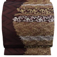 【美品】 袋帯 秀品 鳥 よろけ縞 箔 えんじ色 六通 正絹 【中古】