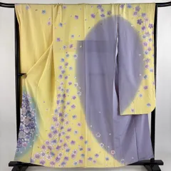 振袖 身丈159cm 裄丈69cm L 袷 桜 花びら 金彩 染め分け 薄黄 正絹 名品 【中古】