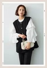 ティアードフリルスリーブパールボタンブラウス　白　frene フラーネ