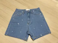 ダッフル デニム 雪の結晶 刺繍 デニムハーフパンツ