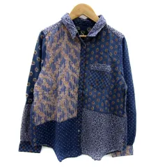 アールエヌエーエヌ RNA-N カジュアルシャツ 長袖 襟付き バンドカラー 2WAY パッチワーク 総柄 麻 リネン混 M マルチカラー 青 ブルー /MA3