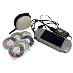 SONY PSP-3000 シルバー 本体 UMDソフト6枚 ケース付き 純正ACアダプター付属 5V 1500mA PSP-380 動作品 携帯ゲーム機 まとめ売り