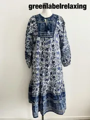 【2024年製】greenlabelrelaxing　グリーンレーベルリラクシング パネルプリント ティアードワンピース 定価12,100円　F（フリー）　ブルー×ホワイト　綿100%　ロング　上品　送料込み　6465145