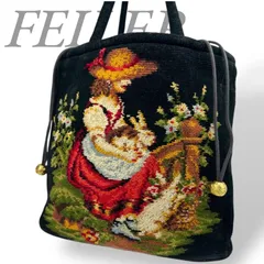 【B4455】 FEILER フェイラー トートバッグ シュニール織 レザー ブラック 花柄 少女 うさぎ レディース 絵画 ポケット 巾着 マチ有