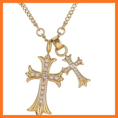 【新品】 [Rockyu] ネックレス メンズ ブランド シルバー ゴールド 十字架ネックレス パイプロープチェーン クリア ジルコニア キラキラ ダブル クロスペンダント チタン 金属アレルギー対応 記念日 誕生日 パーティー ファッション 0