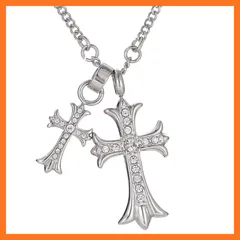 【新品】 [Rockyu] ネックレス メンズ ブランド シルバー ゴールド 十字架ネックレス クリア ジルコニア キラキラ ダブル クロスペンダント チタン 金属アレルギー対応 記念日 誕生日 パーティー ファッション (シルバー-喜平チェーン) 0