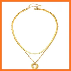 【新品】 [Rockyu] ネックレス レディース ステンレス ハートペンダント レイヤード チョーカー 蛇骨チェーン おしゃれ 愛の象徴 ペアアクセサリー ホワイトデー バレンタインデー (Gold) 0
