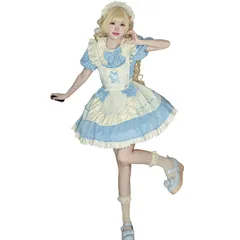 新品 [CR ROLECOS] メイド服 コスプレ 大きいサイズ リボン メイド コスプレ衣装 可愛い めいど 制服 ハロウィン 仮装 レディース maid cosplay cute 喫茶店 撮影 文化祭 イベント ブルー（3XL）