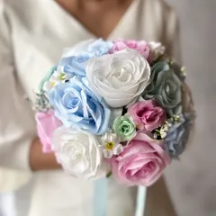白バラ×パステル可愛いラウンドブーケ☆ブートニア