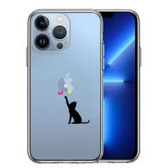 iPhone13Pro ケース クリア猫 CAT ねこ 蝶々 ブラック スマホケース 側面ソフト 背面ハード ハイブリッド