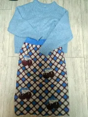 CHECK さくらんぼ スカート + スカイブルー ニット セット